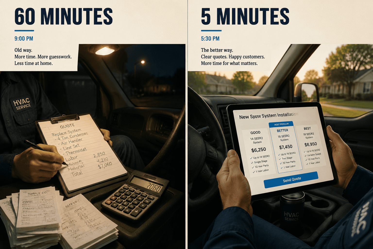 Before-and-after diptych: HVAC quote at 60 minutes on paper clipboard at 9 PM versus 5 minutes on tablet during the day