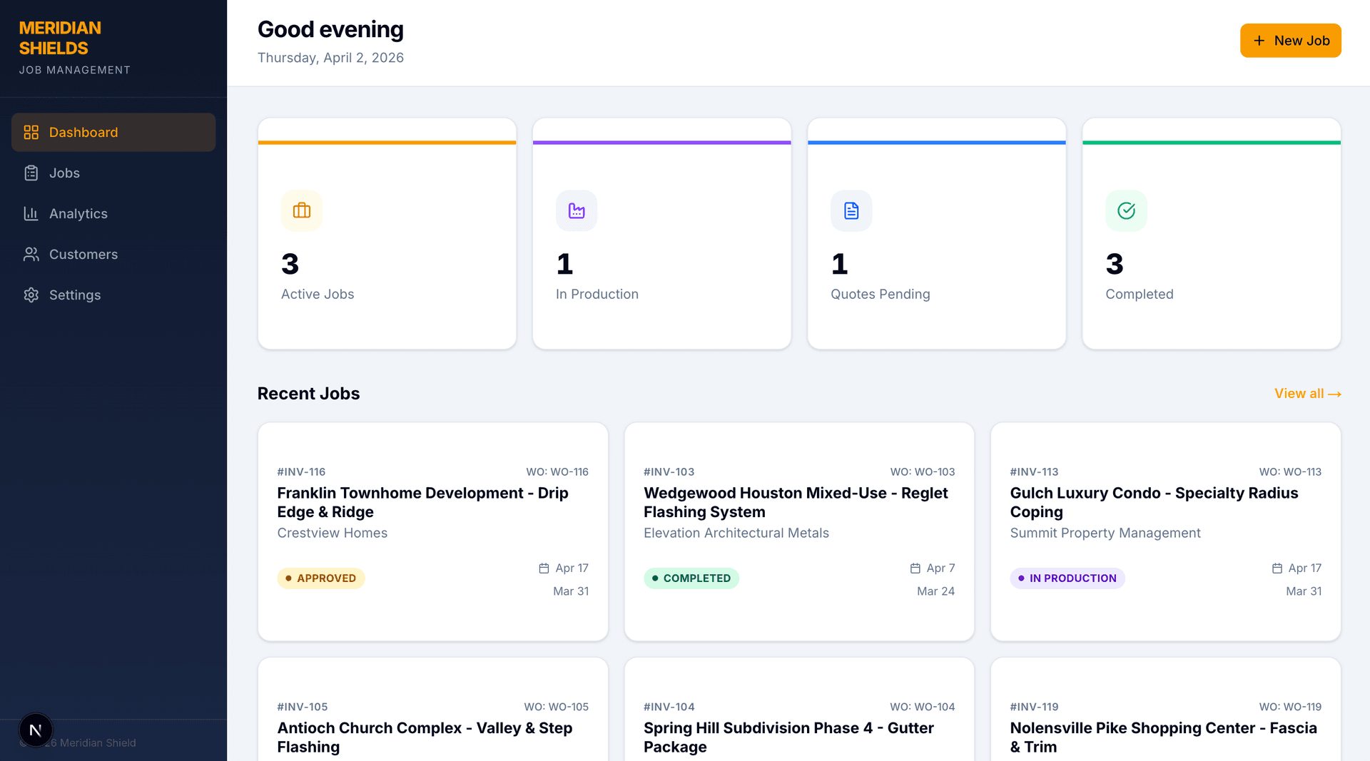 Meridian Shield custom AI quoting dashboard showing active jobs and KPIs