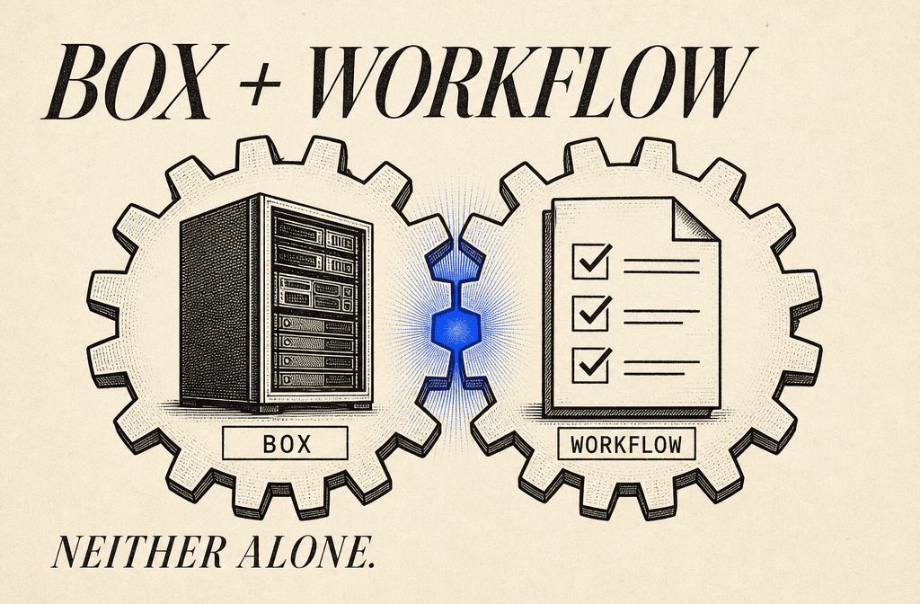 Editorial illustration of two interlocking gears, one drawn as a server rack labeled BOX and one drawn as a checklist document labeled WORKFLOW, meeting at a glowing blue center point, with the headline BOX + WORKFLOW NEITHER ALONE in italic serif typography.