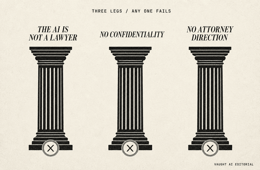 Editorial diagram showing three classical Greek columns side by side, each labeled in italic serif typography above the capital: The AI Is Not A Lawyer, No Confidentiality, and No Attorney Direction. Each column has a deep ink wax-stamp X at its base, illustrating that any single leg failing kills the attorney-client privilege claim under the Heppner ruling.