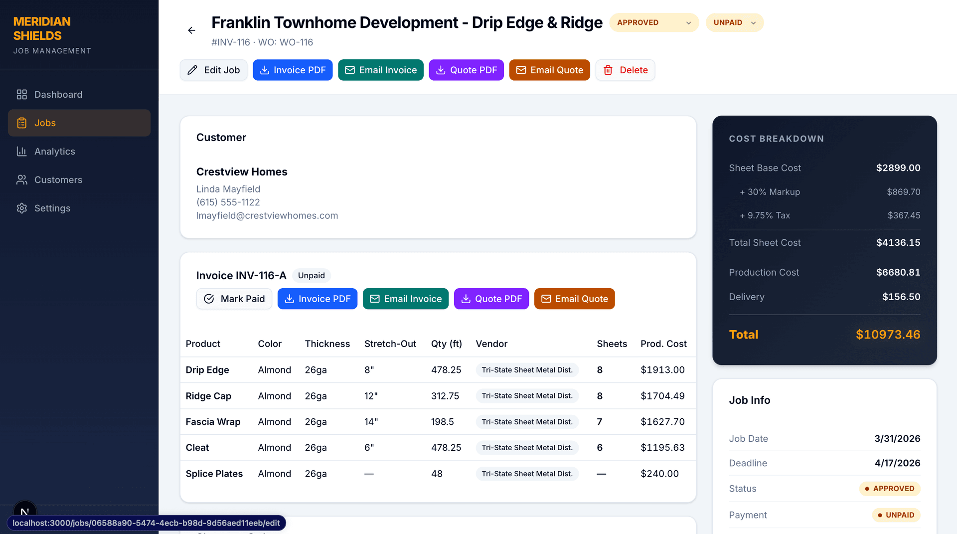 Meridian Shield quoting system showing automated cost breakdown for a metal fabrication job