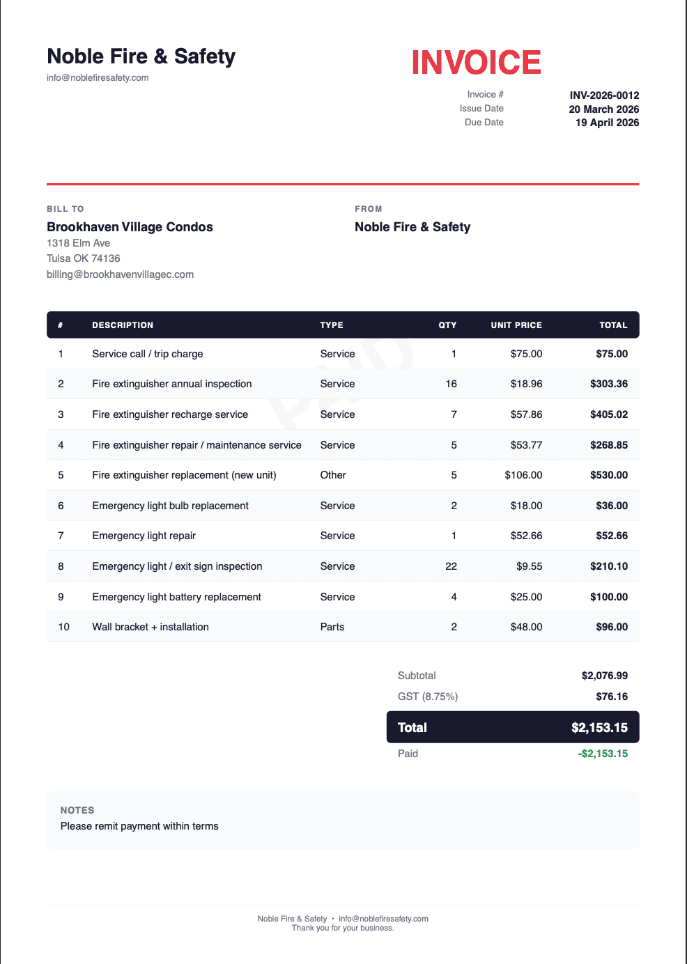 Professional PDF Invoices, Noble Fire & Safety