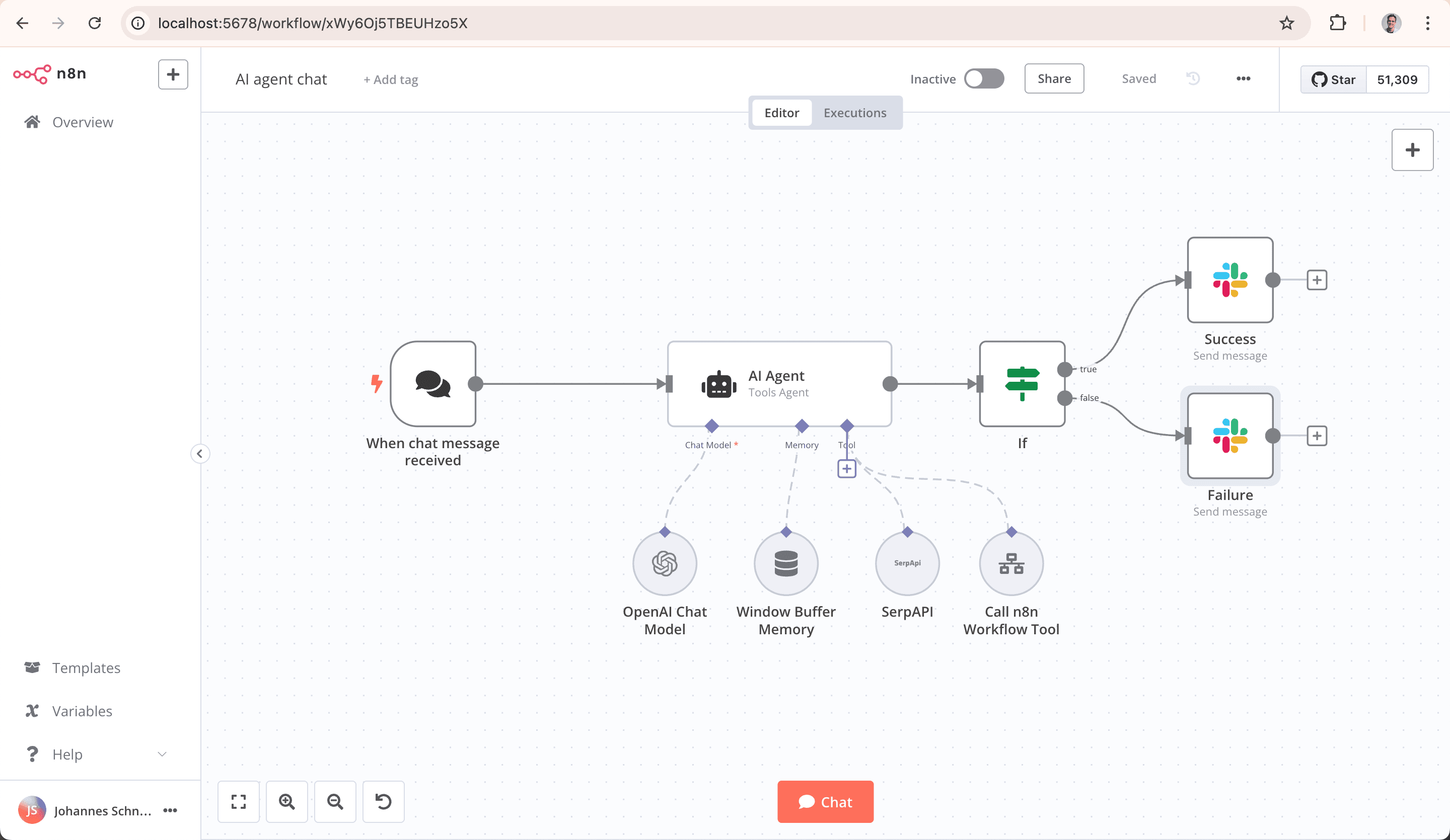 n8n workflow automation builder showing a multi-step automation