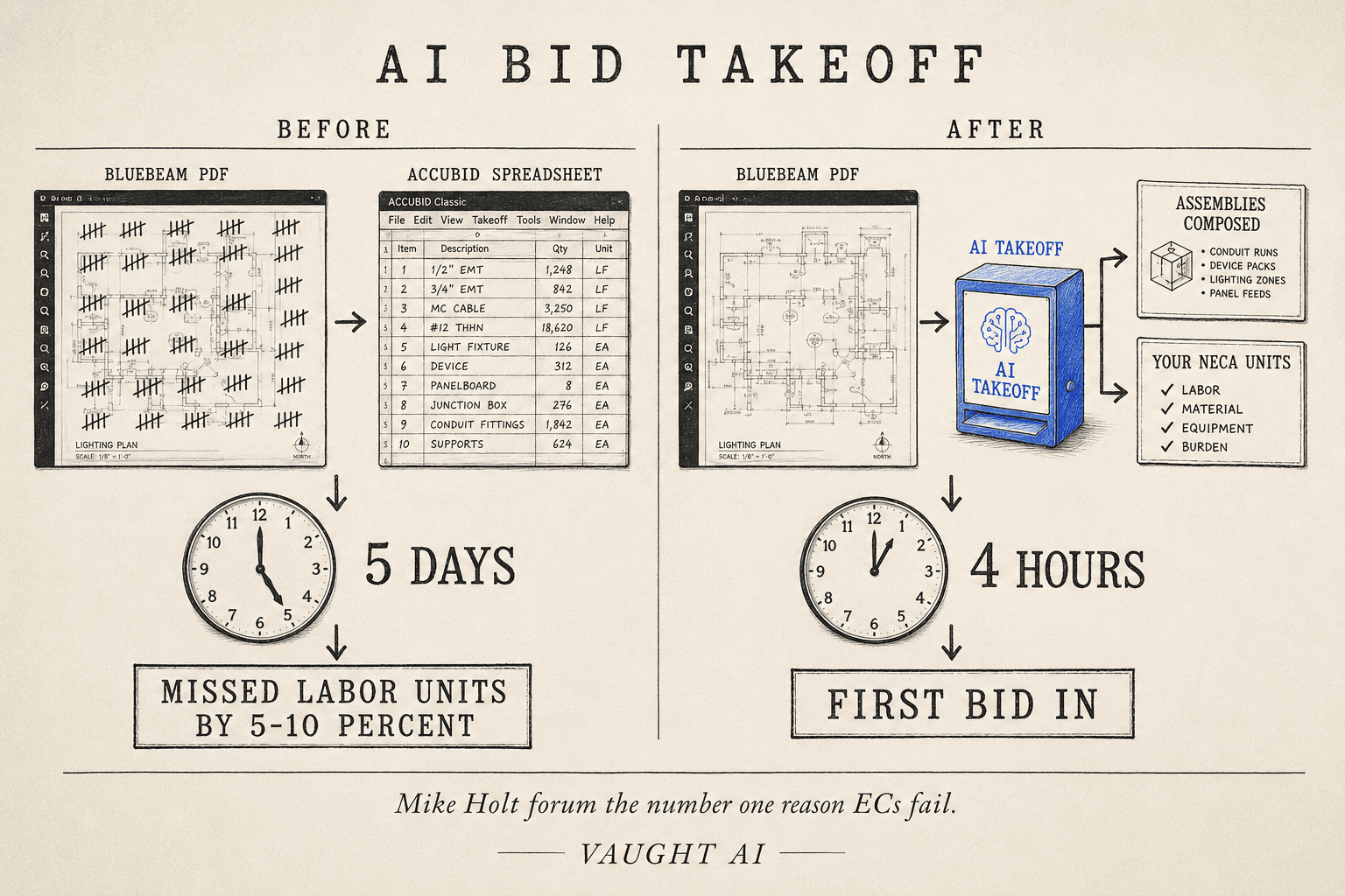 Editorial diptych showing the bid takeoff workflow before and after AI: 5 days of Bluebeam hand-counting with 5 to 10 percent labor unit drift versus 4 hours of AI takeoff with under 2 percent drift, anchored on the GC opening 12 bids the same week and the first bid in setting the price