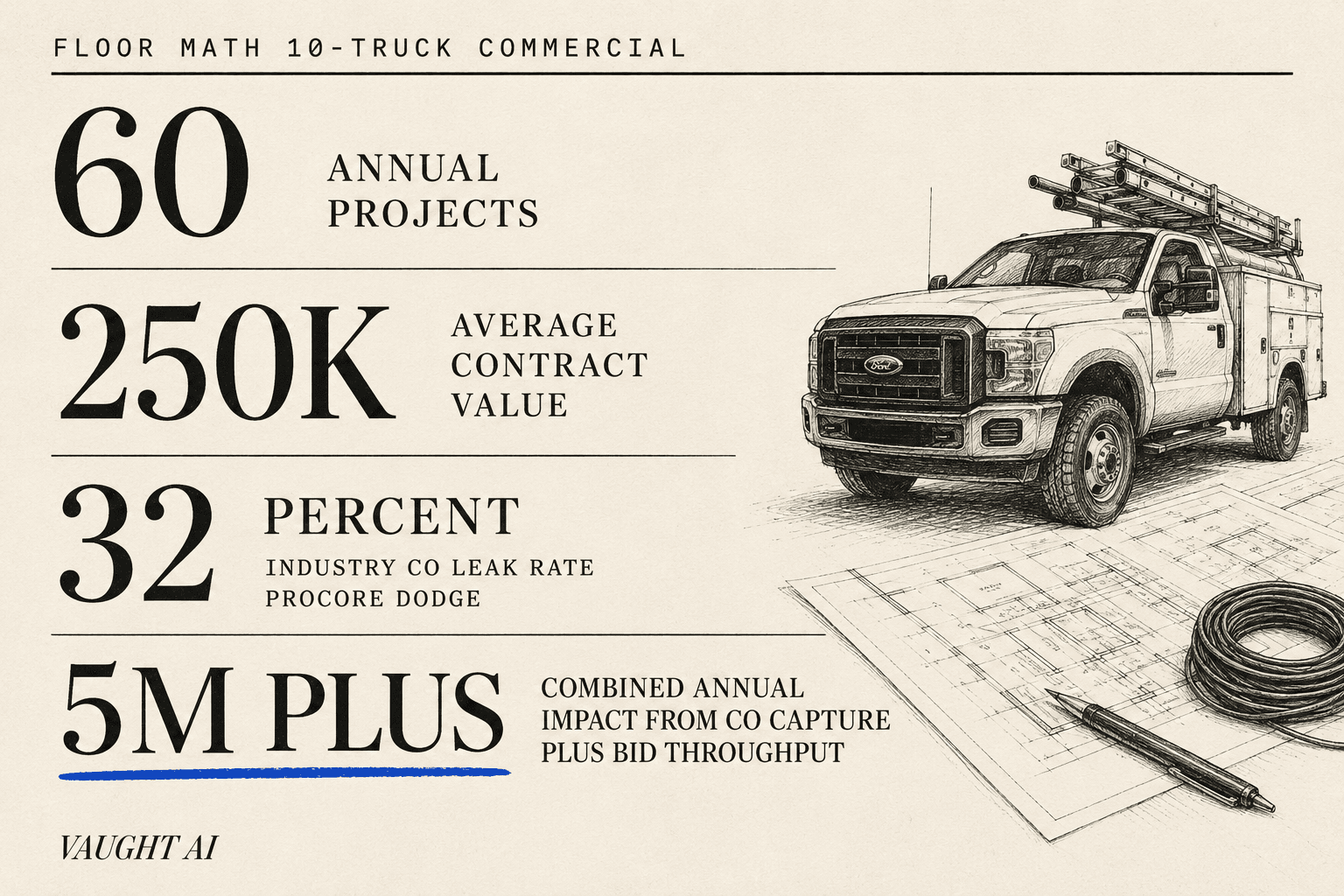 Editorial stat card showing the floor math for a 10-truck commercial electrical shop: 60 annual projects, $250K average contract value, 32 percent industry CO leak rate, $1.08M annual recovery from CO capture workflow at 60 percent recovery rate, plus $4M annual gain from AI bid takeoff throughput, combined $5M+ annual impact