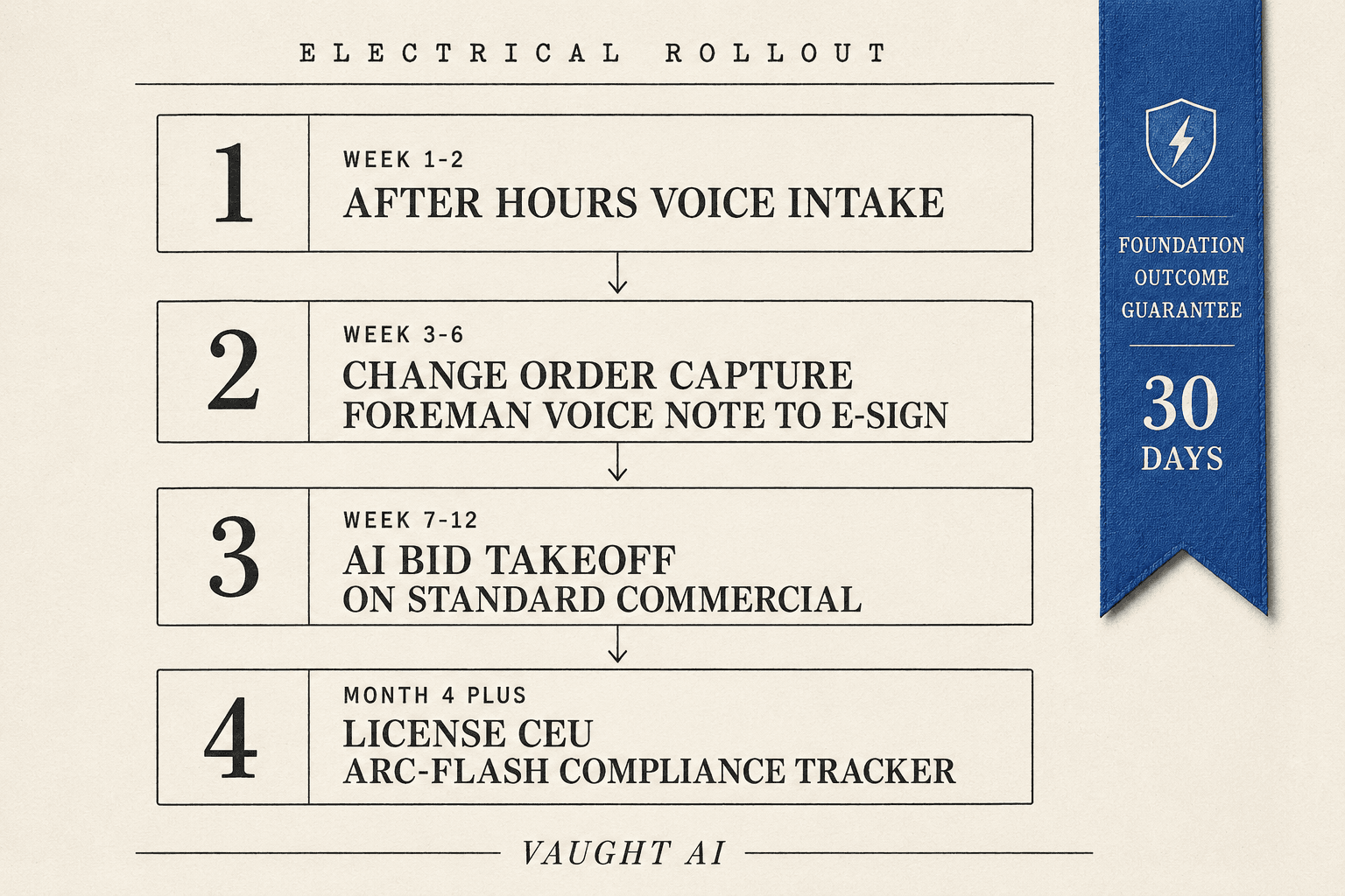 Editorial 4-step rollout ladder for AI in a commercial electrical shop: week 1-2 after-hours voice intake, week 3-6 change order capture from foreman voice note to GC e-sign, week 7-12 AI bid takeoff on standard commercial work, month 4+ license and CEU and arc-flash compliance tracker