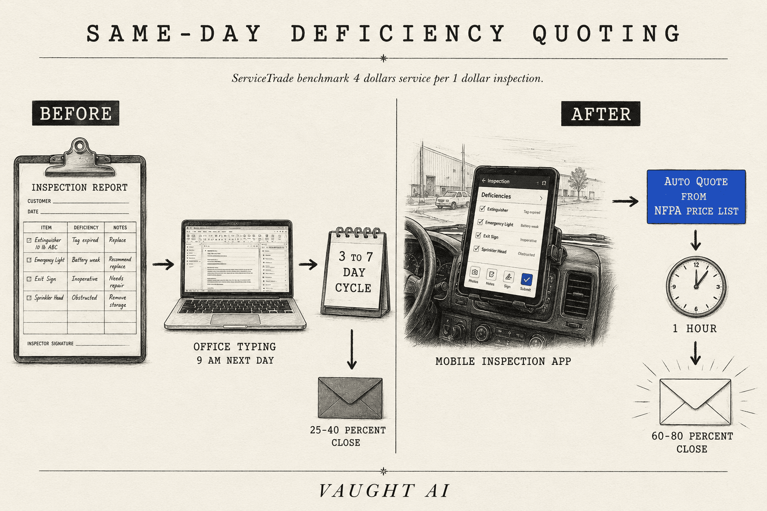 Editorial diptych comparing deficiency quoting cycles: paper-then-office workflow taking 3 to 7 days with 25 to 40 percent close rate, versus on-site mobile workflow taking 1 to 24 hours with 60 to 80 percent close rate, anchored on the ServiceTrade $4-to-$1 service-to-inspection revenue ratio