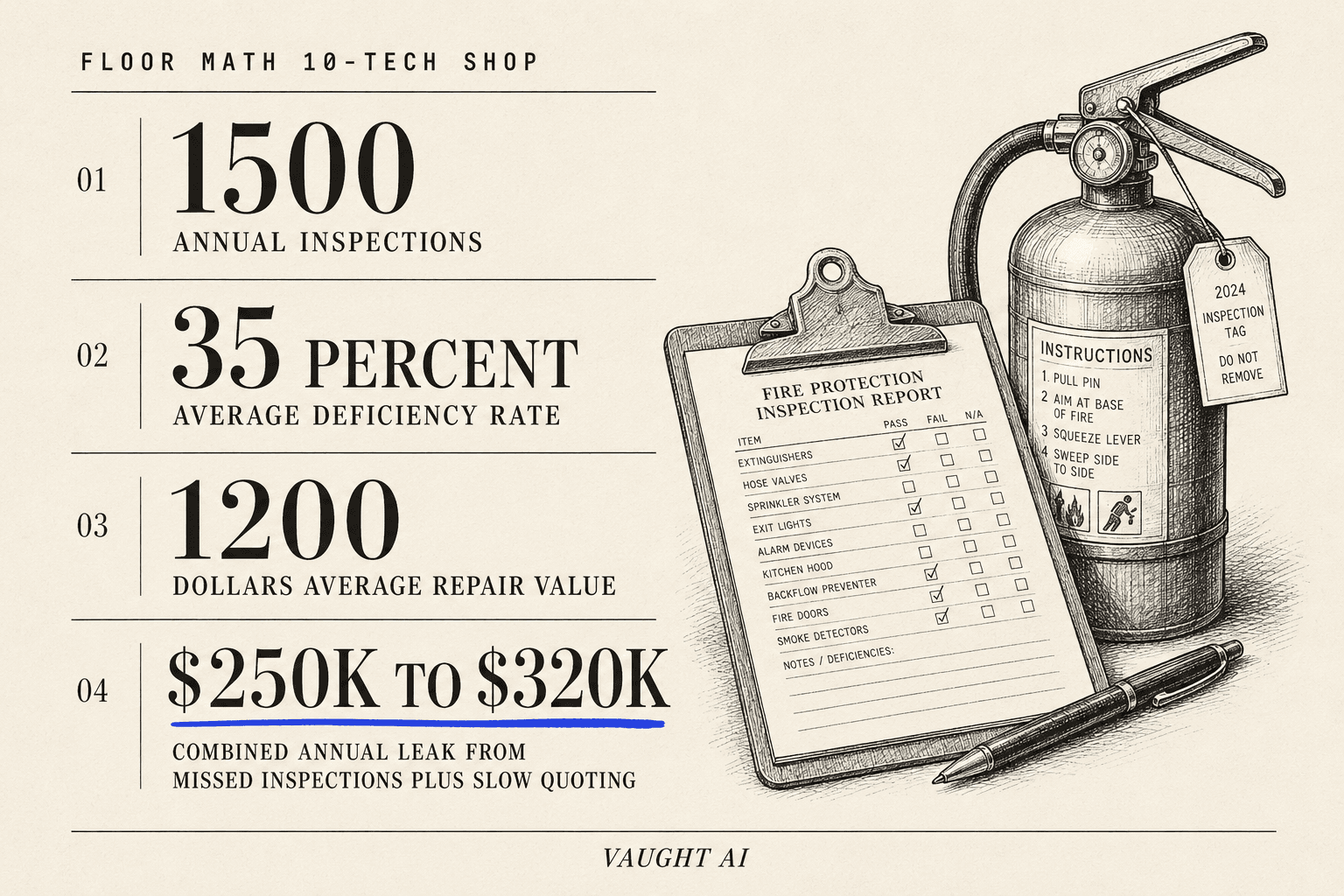 Editorial stat card showing the floor math for a 10-tech fire protection shop: 1,500 annual inspections, 35 percent deficiency rate, $1,200 average repair value, 3 missed cycles per year on paper workflow, $250,000 to $320,000 combined annual leak from missed inspections plus slow deficiency quoting