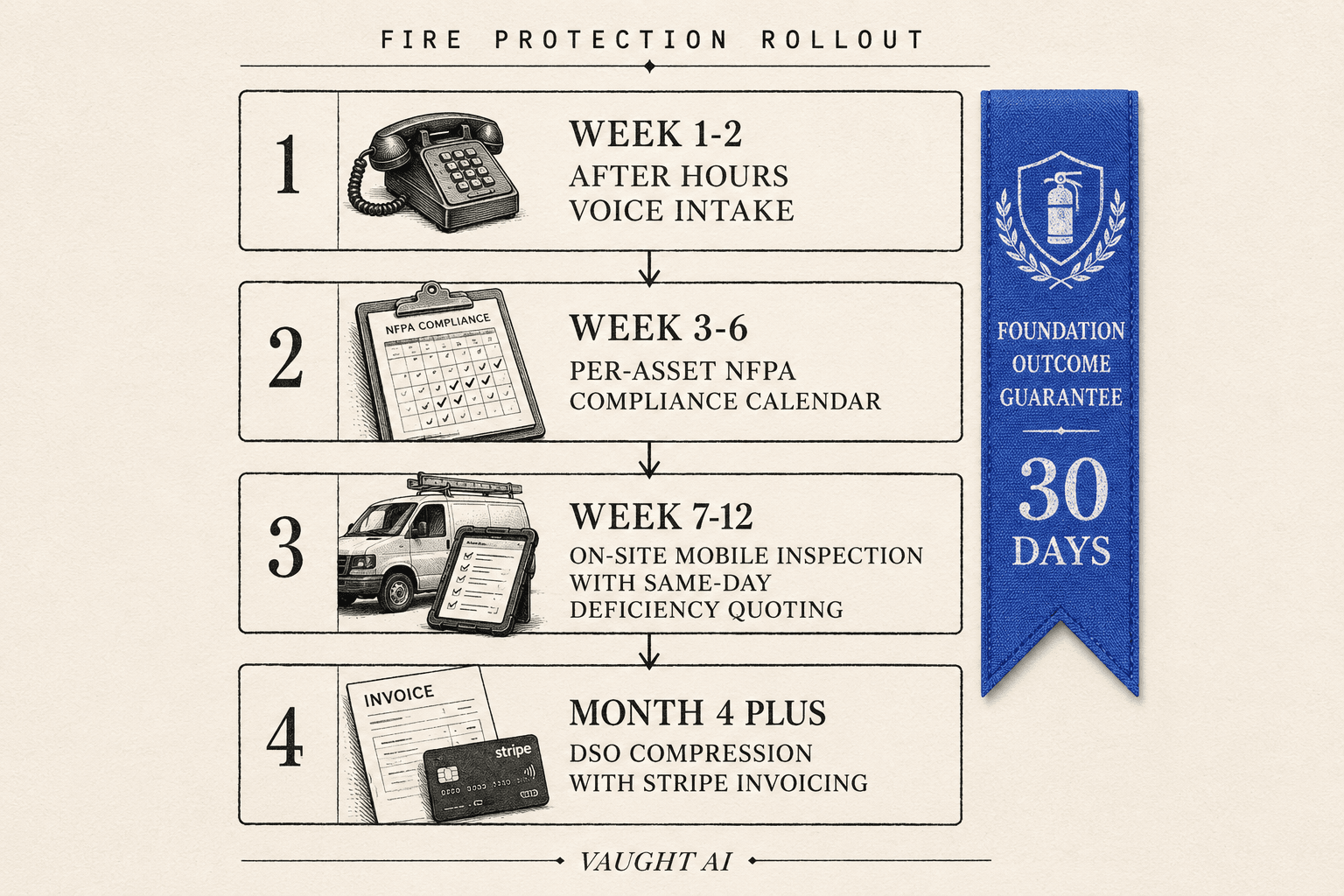 Editorial 4-step rollout ladder for AI in a fire protection shop: week 1-2 after-hours voice intake, week 3-6 per-asset NFPA compliance calendar, week 7-12 on-site mobile inspection with same-day deficiency quoting, month 4+ DSO compression with on-site invoicing and Stripe payments