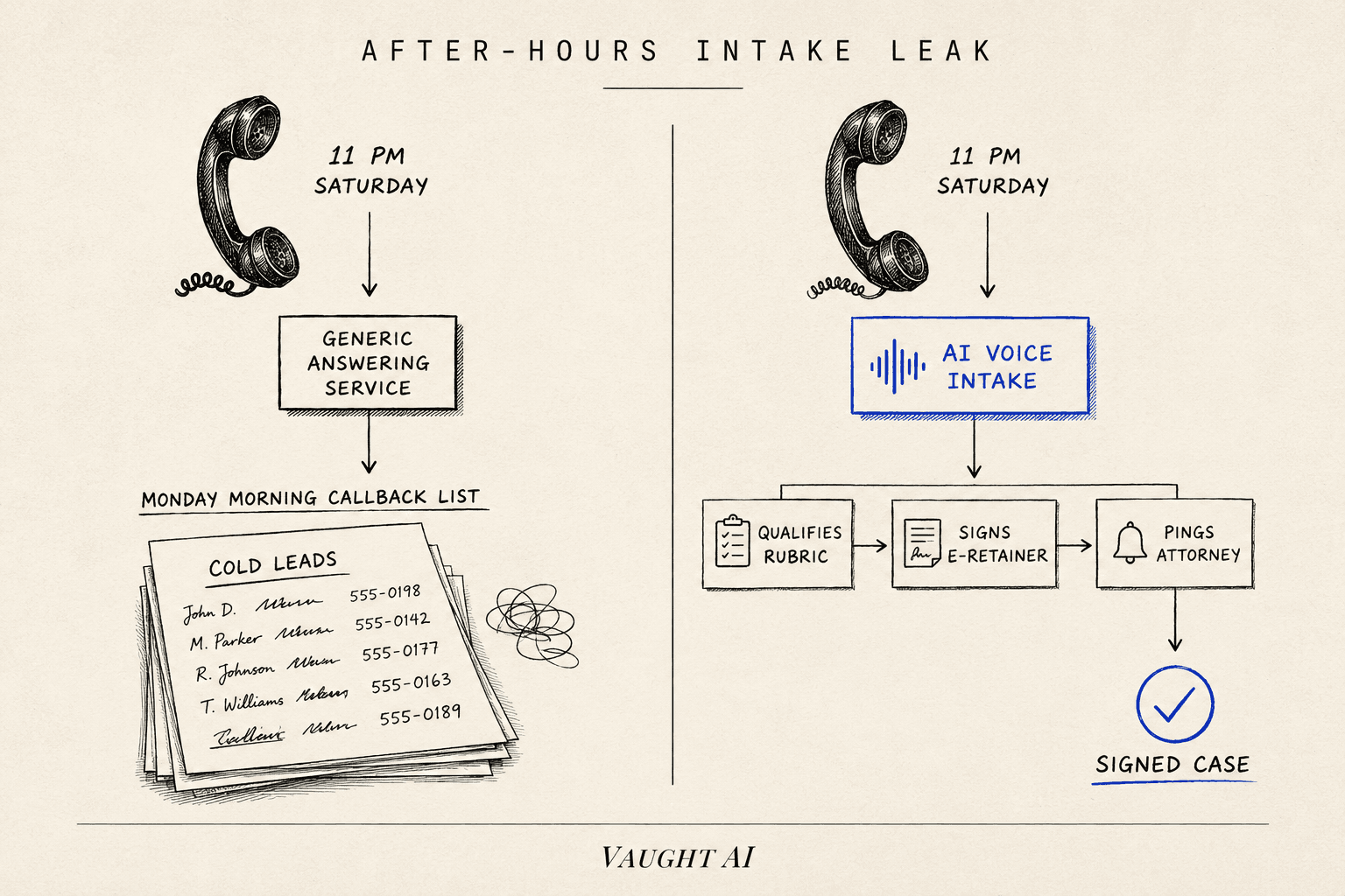 Editorial diagram: 11 PM PI inbound call routed through an AI voice intake agent that qualifies on the firm's rubric, signs e-retainer for green leads, and pings the attorney for borderline cases, contrasted against the generic answering service that just takes a Monday-morning callback message