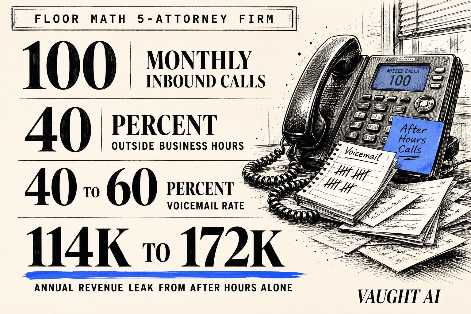 Editorial stat card showing the floor math on missed PI after-hours calls for a 5-attorney firm: 100 monthly inbound calls, 40 percent outside business hours, 40 to 60 percent voicemail rate, 7 percent depressed sign rate on callbacks, $8,500 average signed case revenue, $114,000 to $172,000 in annual revenue leak from after-hours alone