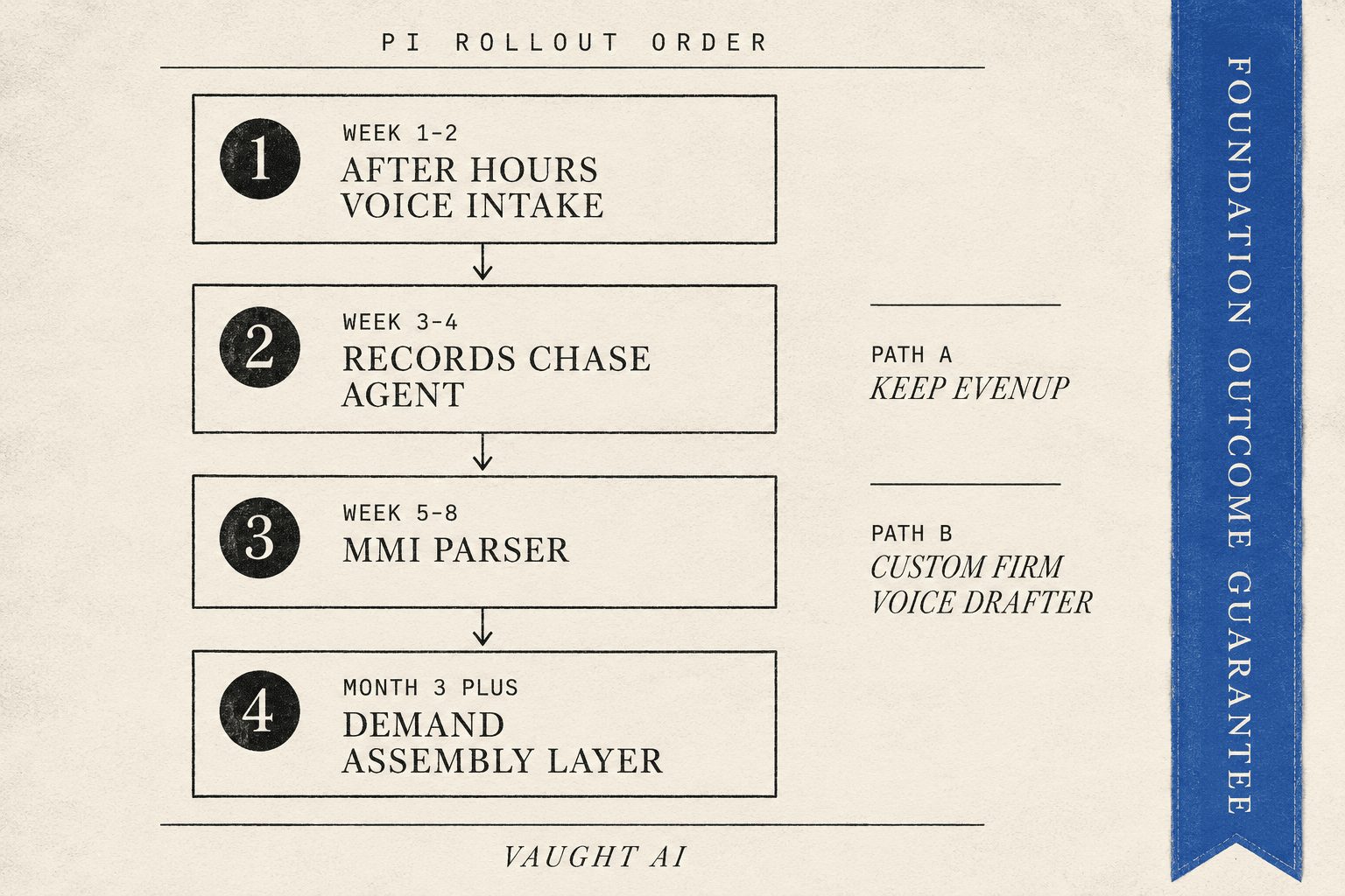 Editorial 4-step rollout ladder for AI in a plaintiff PI firm: week 1-2 after-hours voice intake, week 3-4 records chase voice agent, week 5-8 MMI parser, month 3+ demand assembly layer with two paths (records inventory for EvenUp users, custom drafter for firm-voice-first firms)