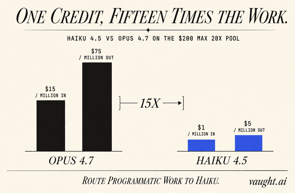 Editorial bar chart comparing Anthropic's Opus 4.7 pricing ($15 per million input tokens, $75 per million output tokens) against Haiku 4.5 pricing ($1 per million input tokens, $5 per million output tokens), with a 15X bracket between them and a tagline reading "Route Programmatic Work to Haiku"