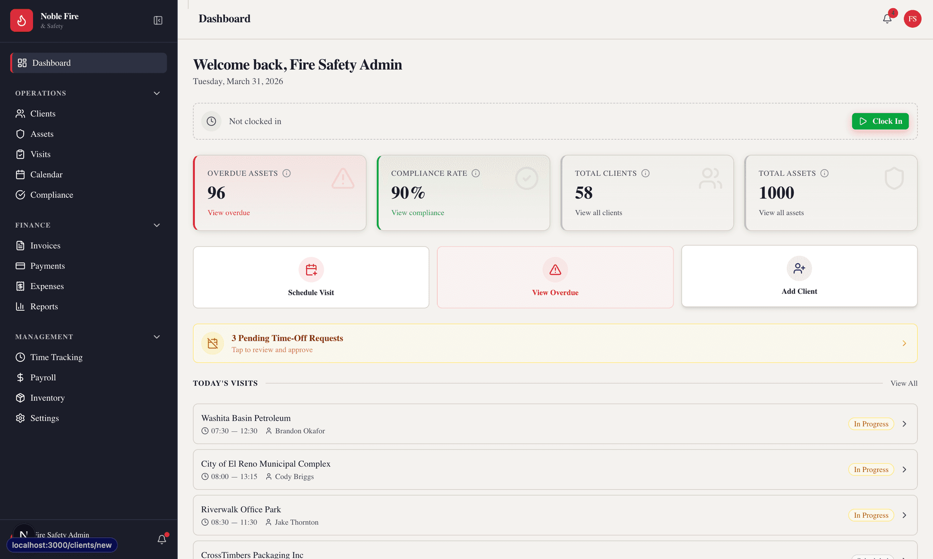 Screenshot of Noble Fire & Safety dashboard